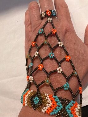 Handmade Beaded Floral Net Bracelet in Turquoise, Orange & White